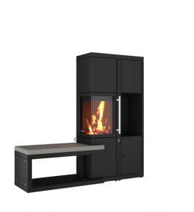 Kaminofen Livera mit Holzregal und Bank von Drooff